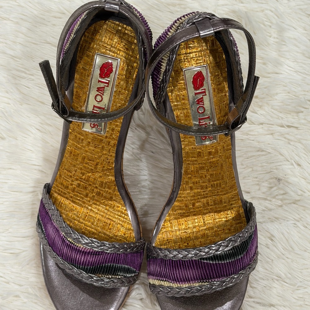 Two Lips Purple/Black/Metallic Pewter Wedge Sandals - Size 10 (NWOT)